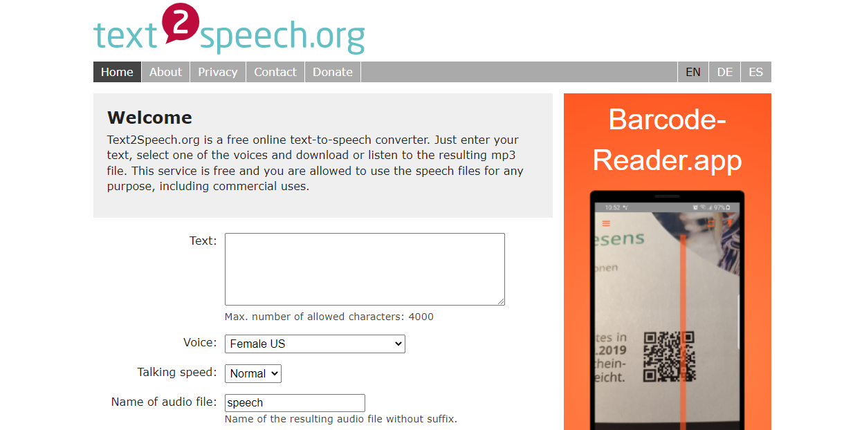 Text2Speech скриншот сайта