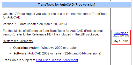 Панель загрузки программы TransTools для AutoCAD
